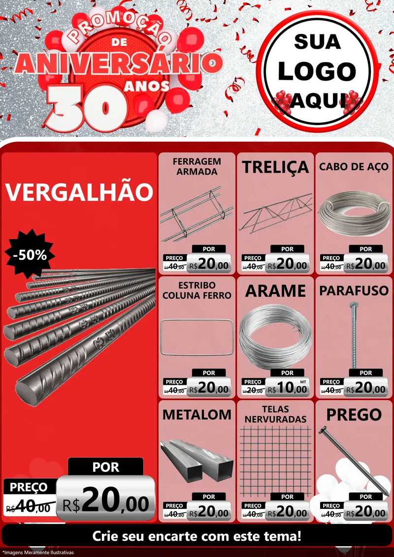 Modelo de Encarte para Encarte A4 Vertical com o tema Promoção de Aniversário - 30 Anos para Ferragens