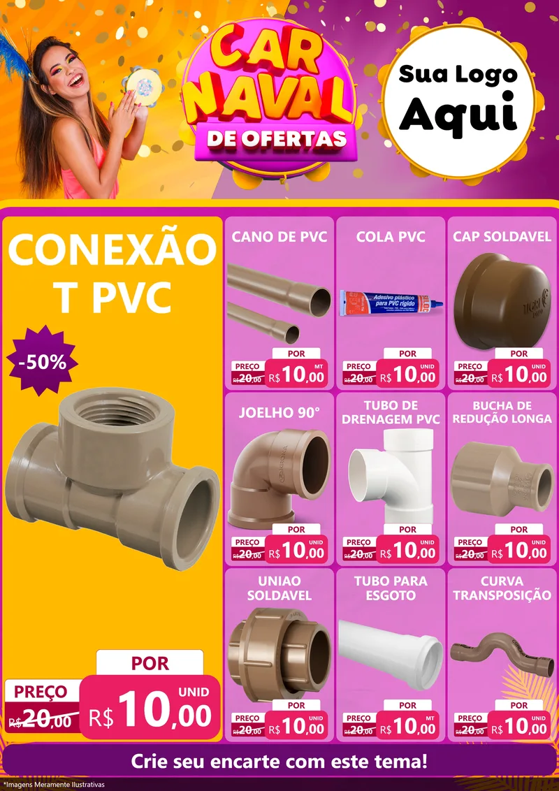 Modelo de Encarte para Encarte A4 Vertical com o tema Carnaval de Ofertas para Tubos e conexões