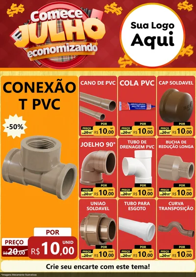 Modelo de Encarte para Encarte A4 Vertical com o tema Comece Julho Economizando para Tubos e conexões