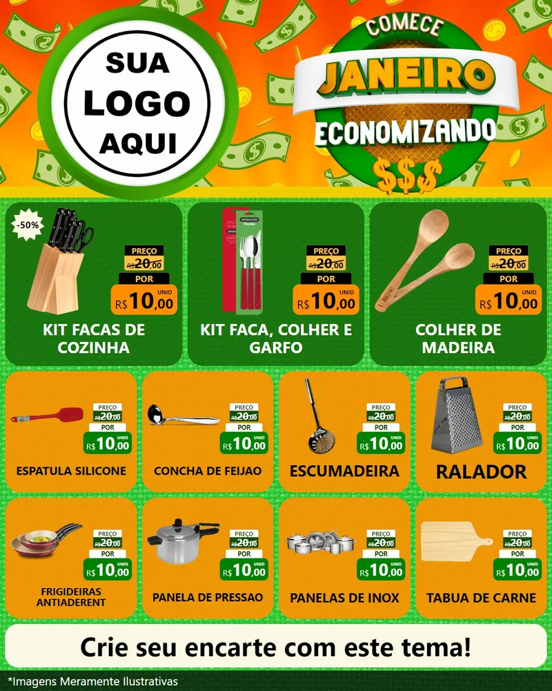 Modelo de Rede Social para Feed Instagram com o tema Comece Janeiro Economizando para Utilidades Domésticas