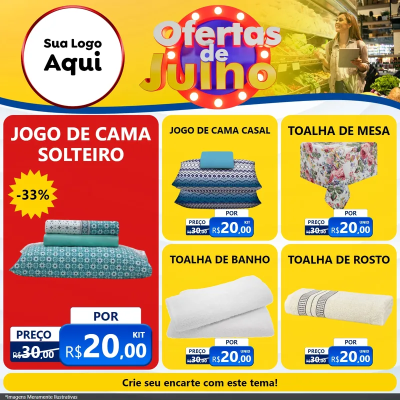 Modelo de Rede Social para Feed Facebook com o tema Ofertas de Julho para Cama, Mesa e Banho
