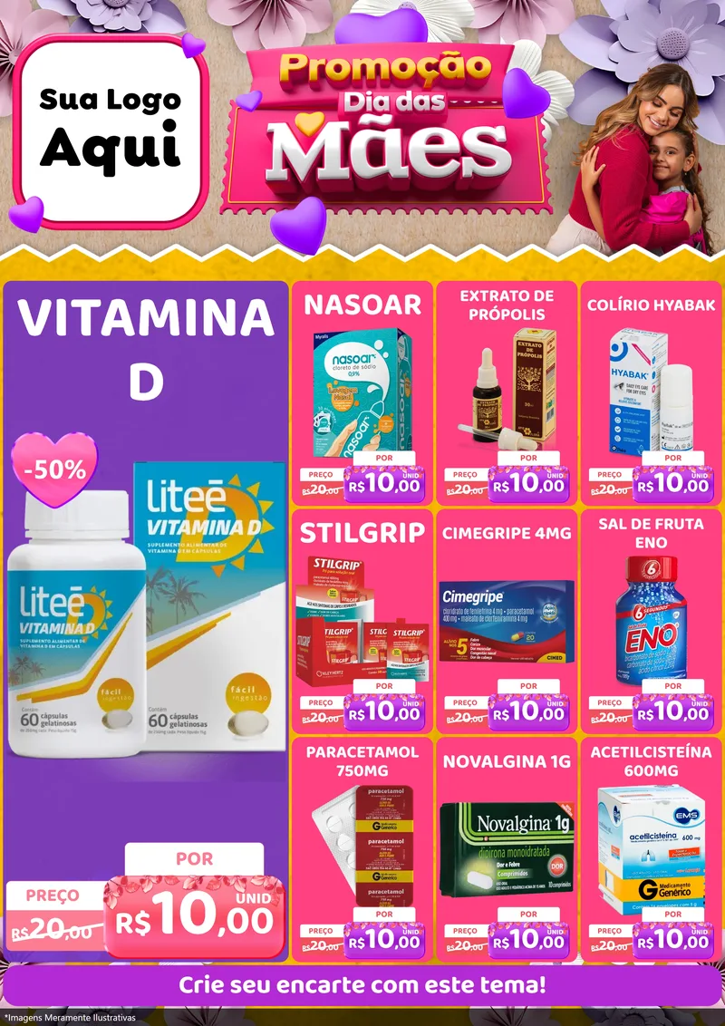 Modelo de Encarte para Encarte A4 Vertical com o tema Promoção Dia das Mães para Farmácia