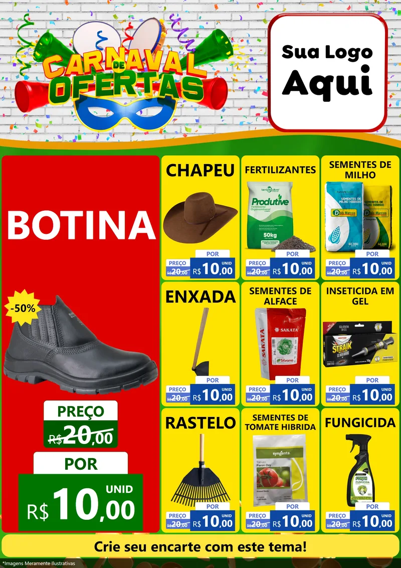 Modelo de Encarte para Encarte A4 Vertical com o tema Carnaval de Ofertas para Agropecuária