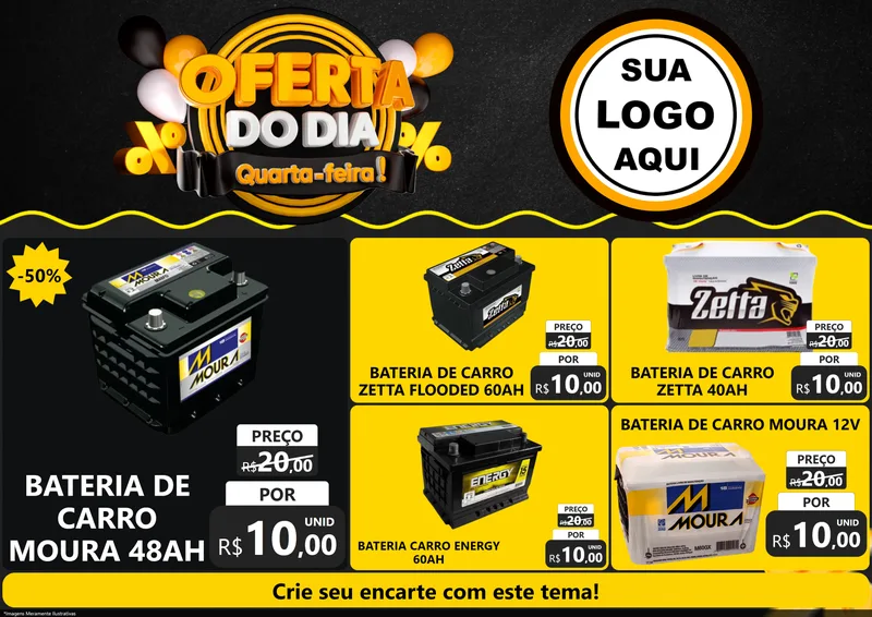 Modelo de Encarte para Encarte A4 Horizontal com o tema Oferta do Dia - Quarta Feira! para Baterias Elétricas