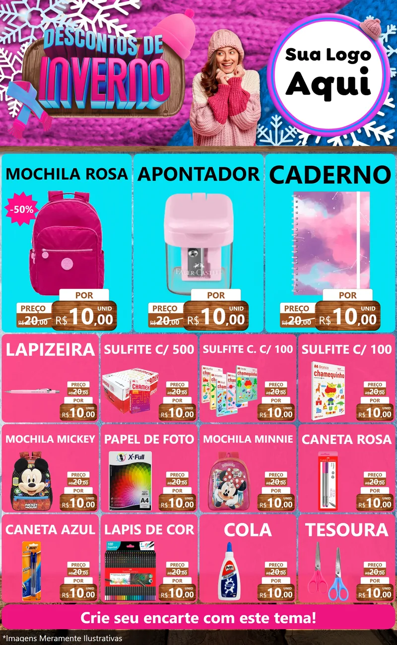Modelo de Encarte para Encarte Grande com o tema Descontos de Inverno para Papelaria