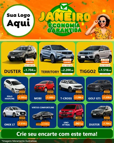 Modelo de Rede Social para Feed Instagram com o tema Janeiro - Economia Garantida para Concessionaria de Carros