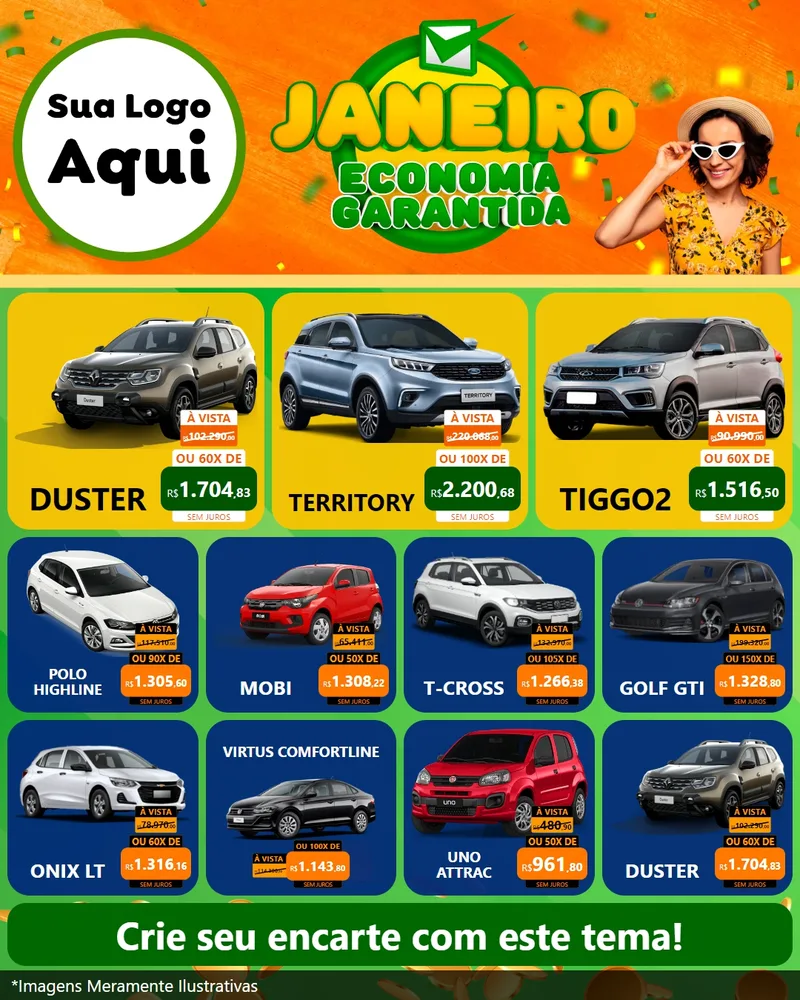 Modelo de Rede Social para Feed Instagram com o tema Janeiro - Economia Garantida para Concessionaria de Carros