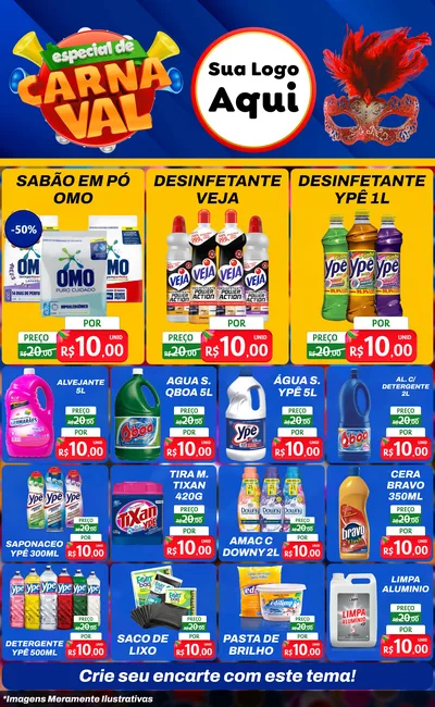 Modelo de Encarte para Encarte Grande com o tema Especial de Carnaval para Produtos de Limpeza