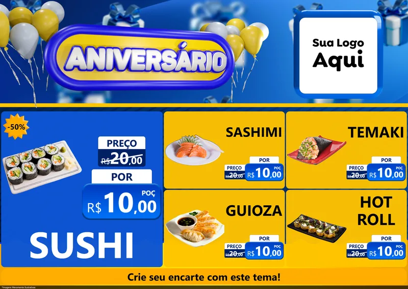 Modelo de Encarte para Encarte A4 Horizontal com o tema Aniversário para Comida japonesa