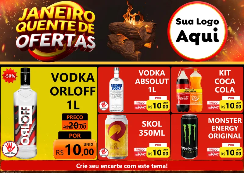 Modelo de Encarte para Encarte A4 Horizontal com o tema Janeiro Quente de Ofertas para Distribuidora de bebidas