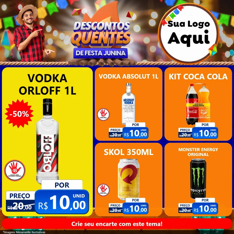 Modelo de Rede Social para Feed Facebook com o tema Descontos Quentes de Festa Junina para Distribuidora de bebidas