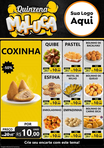 Modelo de Encarte para Encarte A4 Vertical com o tema Quinzena Maluca para Salgadaria