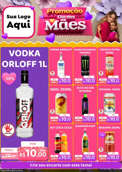 Modelo de Encarte para Encarte A4 Vertical com o tema Promoção Dia das Mães para Distribuidora de bebidas