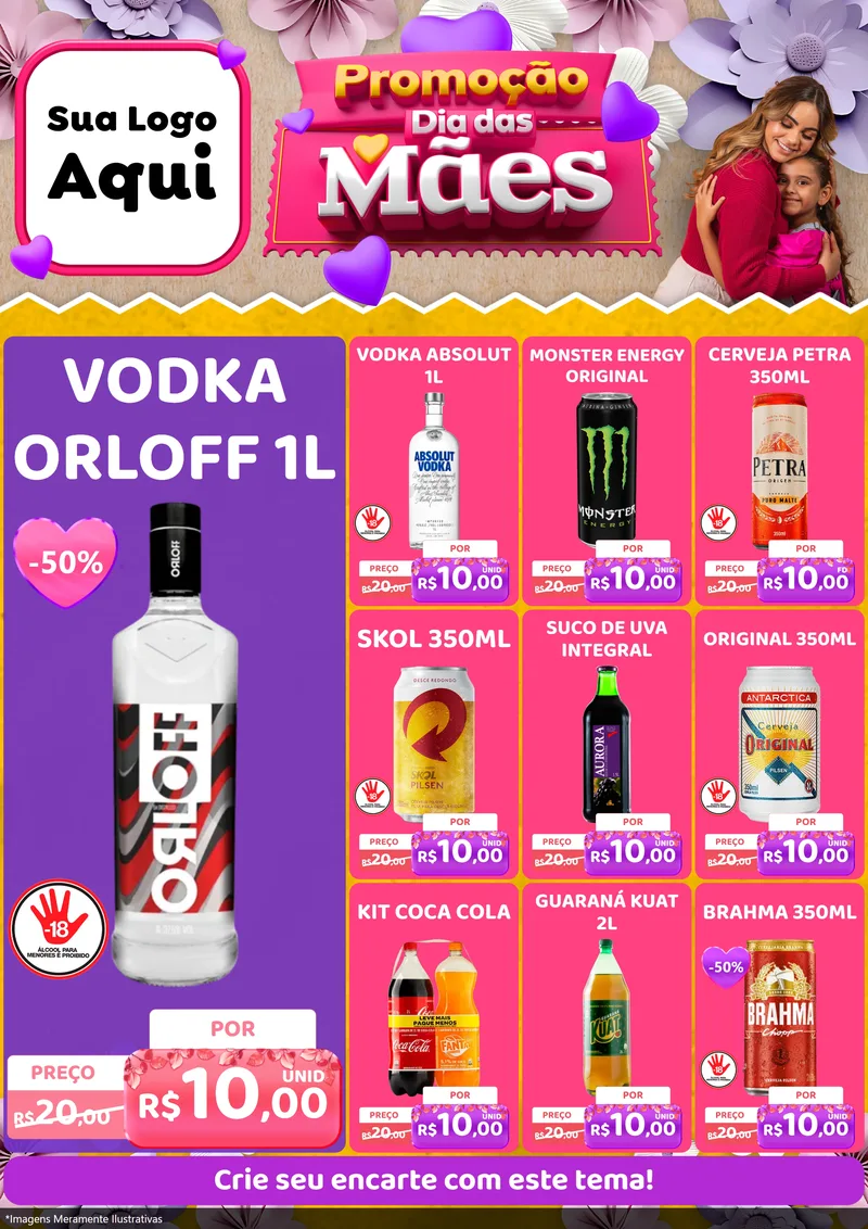 Modelo de Encarte para Encarte A4 Vertical com o tema Promoção Dia das Mães para Distribuidora de bebidas