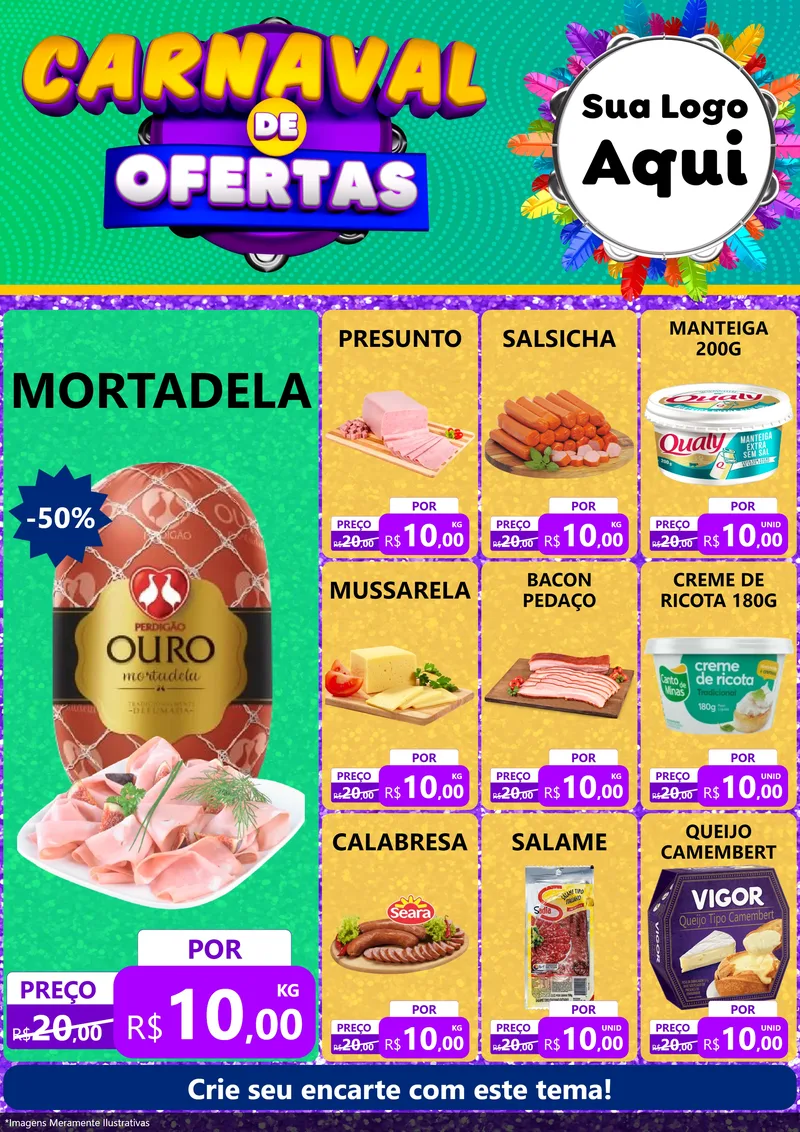 Modelo de Encarte para Encarte A4 Vertical com o tema Carnaval de Ofertas para Frios e Laticínios