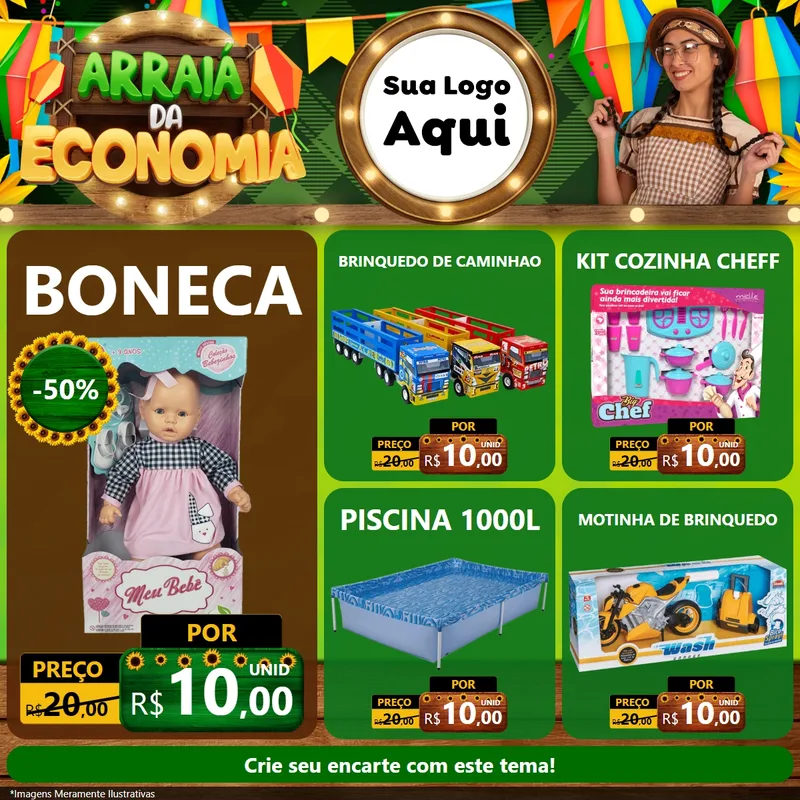 Modelo de Rede Social para Feed Facebook com o tema Arraiá de Economia para Brinquedos
