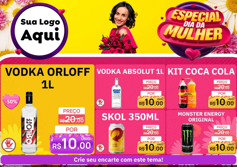 Modelo de Encarte para Encarte A4 Horizontal com o tema Especial Dia da Mulher para Distribuidora de bebidas