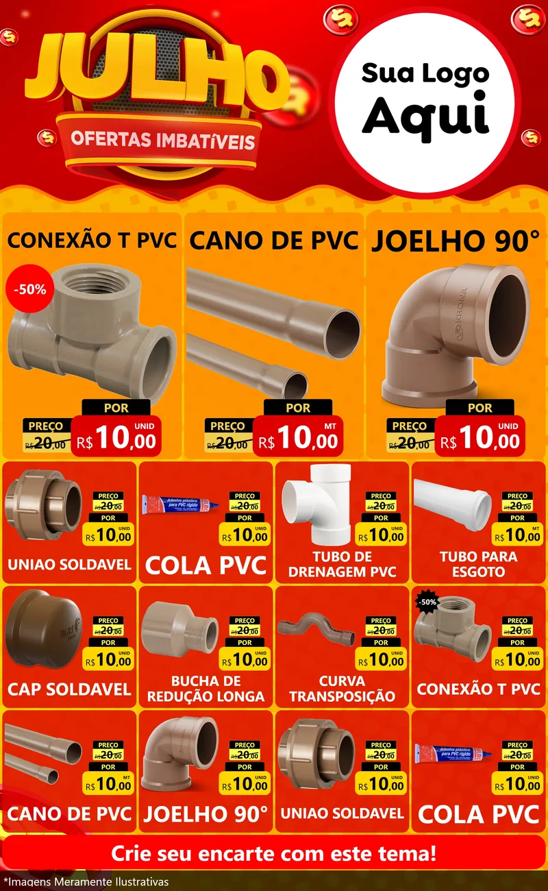 Modelo de Encarte para Encarte Grande com o tema Julho Ofertas Imbatíveis para Tubos e conexões