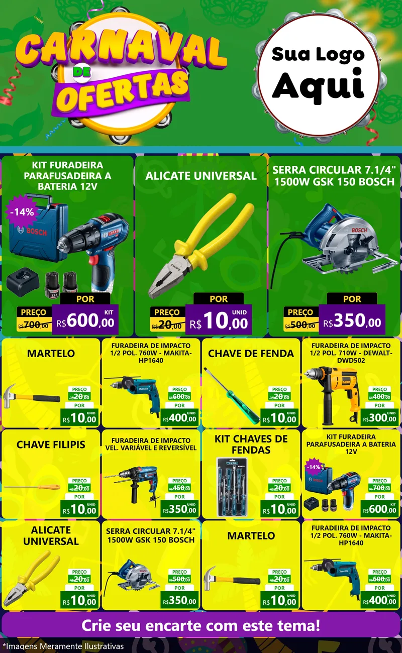 Modelo de Encarte para Encarte Grande com o tema Carnaval de Ofertas para Maquinas e Ferramentas