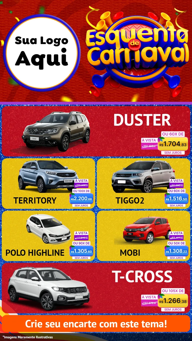 Modelo de TV para TV Vertical com o tema Esquenta de Carnaval para Concessionaria de Carros