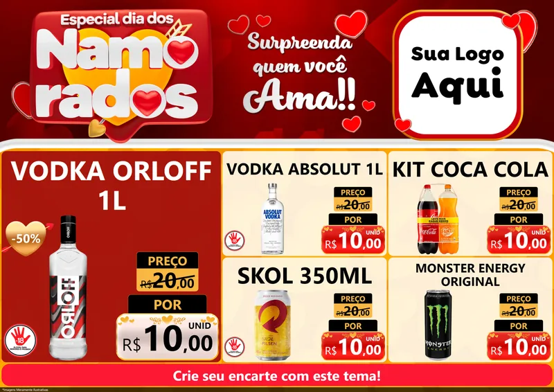 Modelo de Encarte para Encarte A4 Horizontal com o tema Especial Dia dos Namorados para Distribuidora de bebidas
