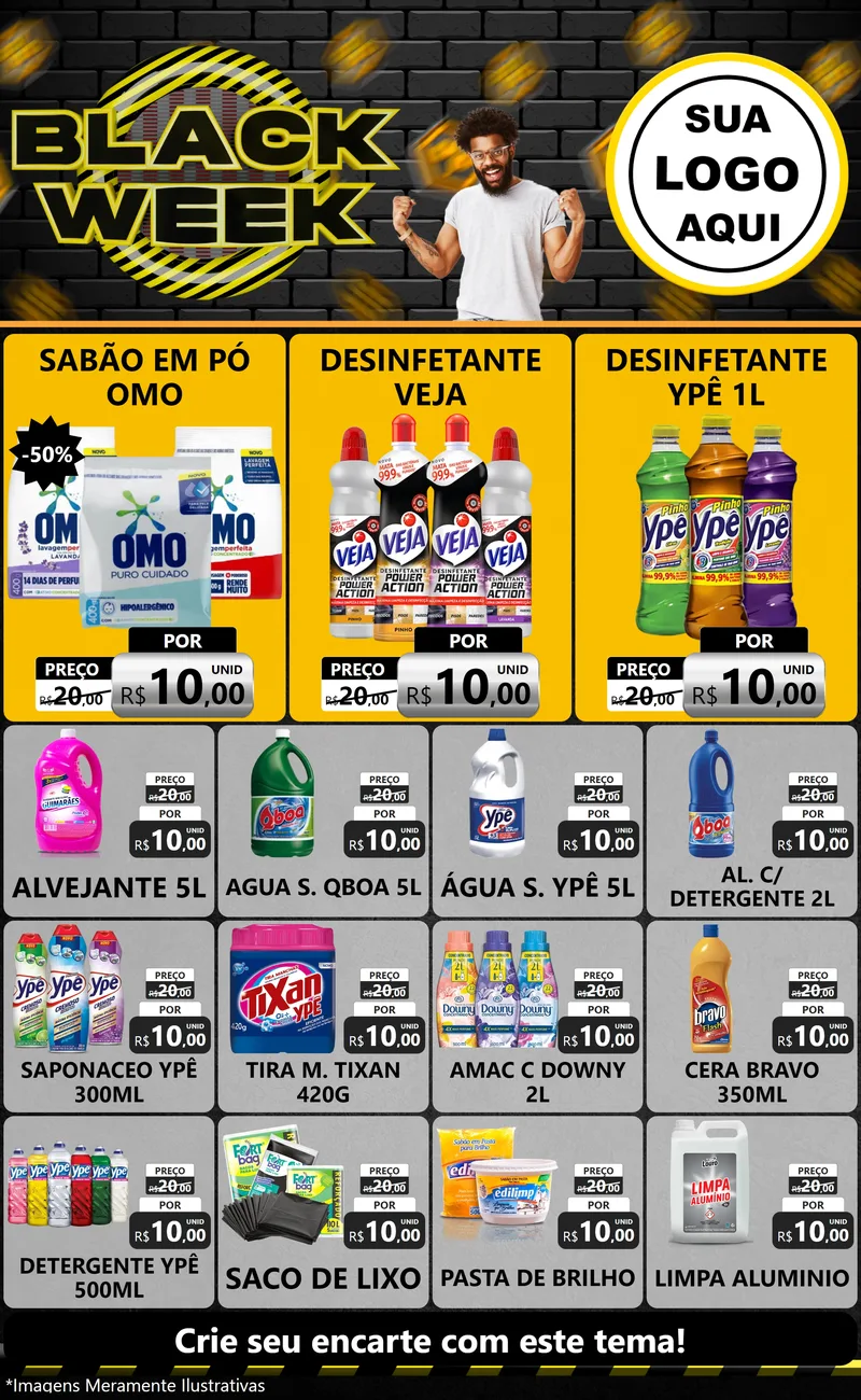 Modelo de Encarte para Encarte Grande com o tema Black Week para Produtos de Limpeza