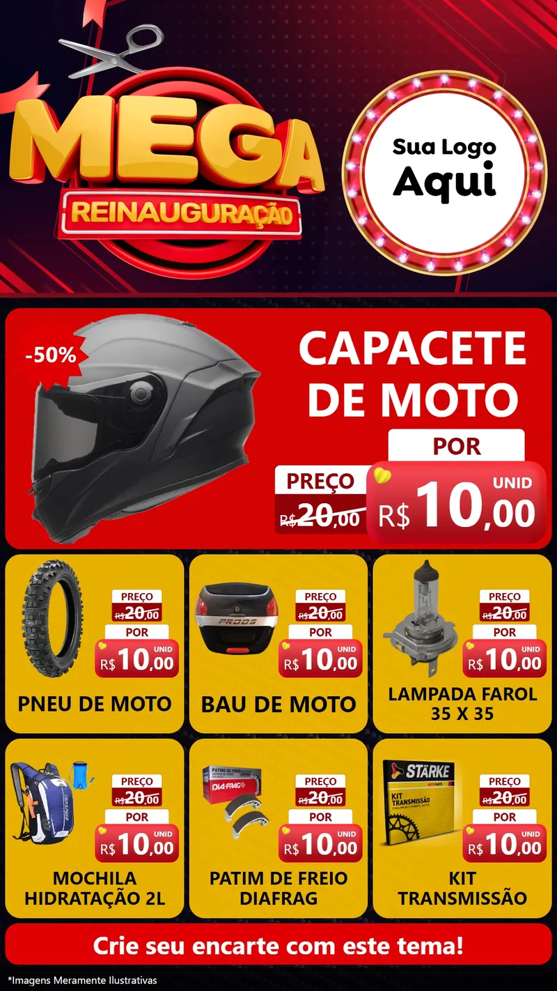 Modelo de Rede Social para Stories com o tema Mega Reinauguração para Moto peças