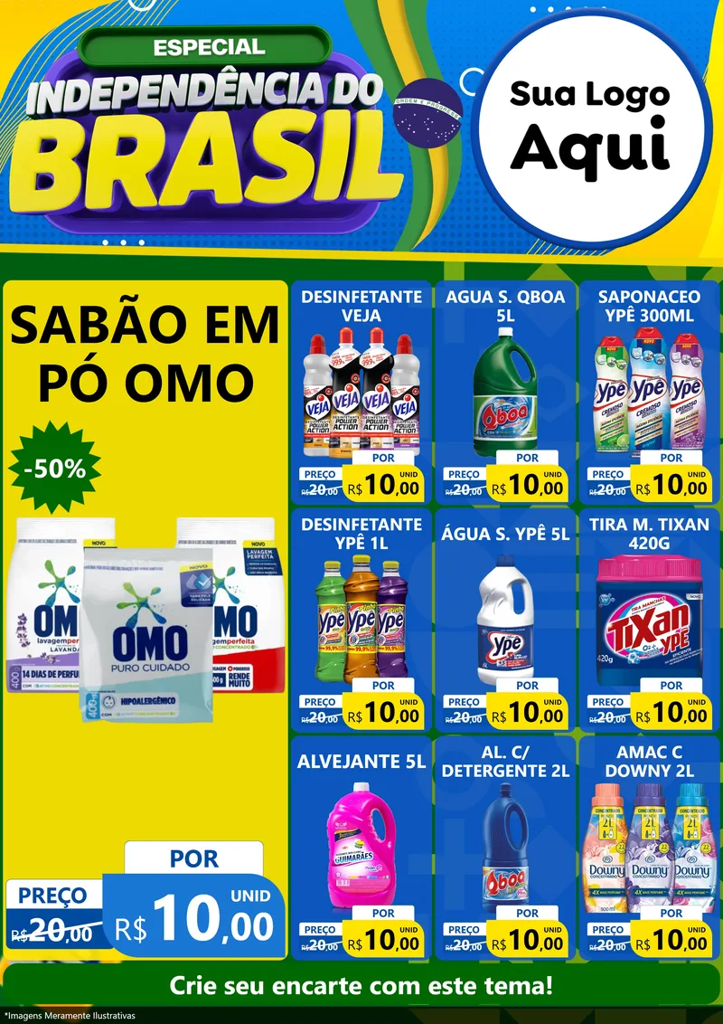 Modelo de Encarte para Encarte A4 Vertical com o tema Especial Independência do Brasil para Produtos de Limpeza