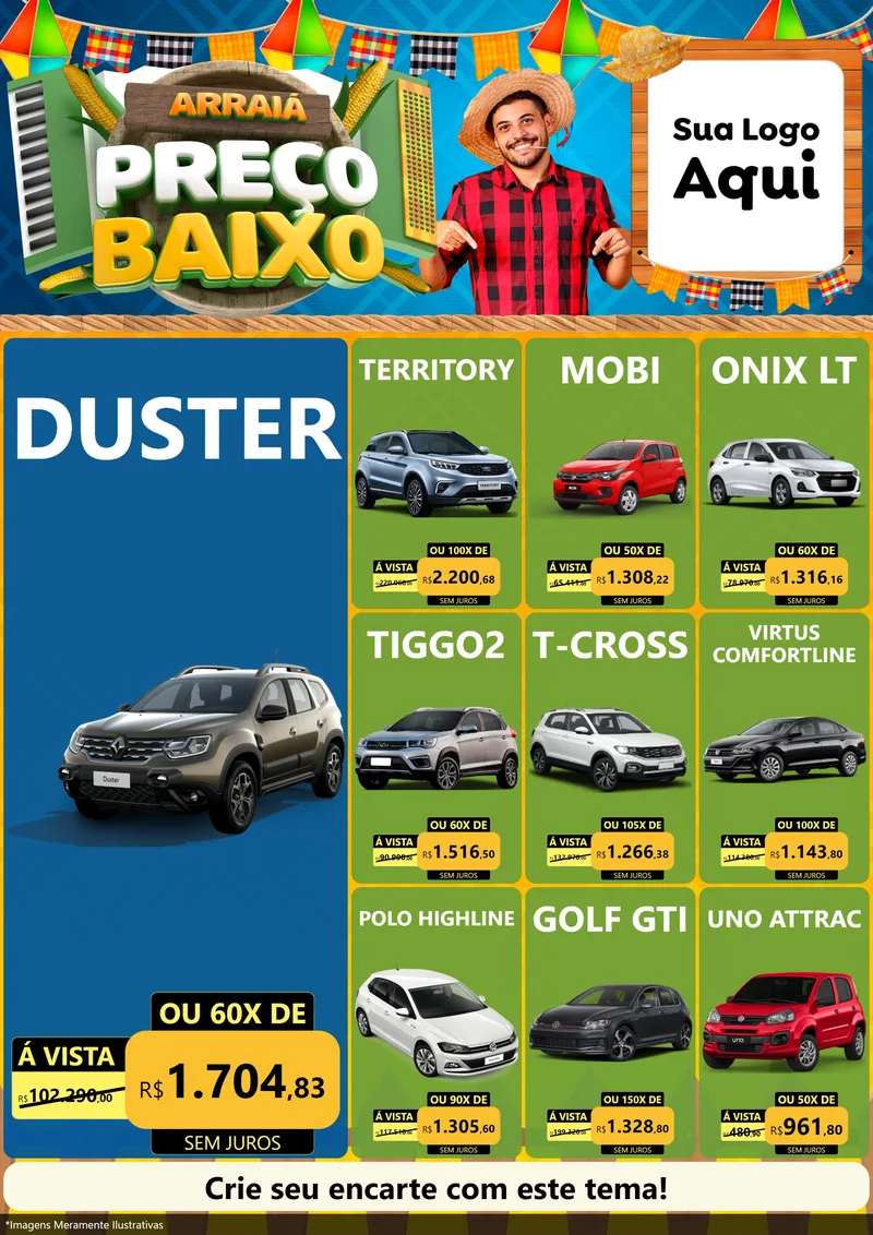 Modelo de Encarte para Encarte A4 Vertical com o tema Arraiá de Preço Baixo - Junina para Concessionaria de Carros