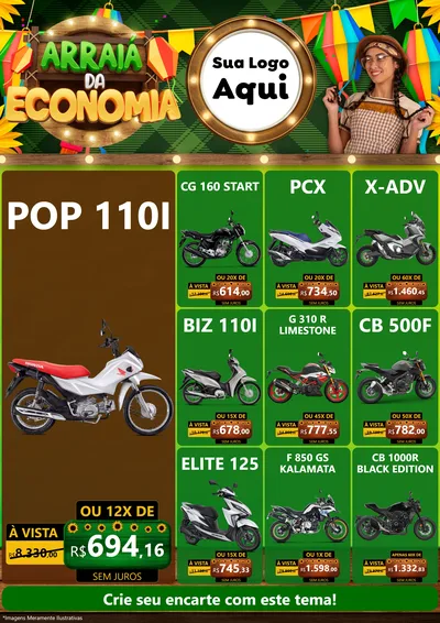 Modelo de Encarte para Encarte A4 Vertical com o tema Arraiá de Economia para Concessionaria de Motos