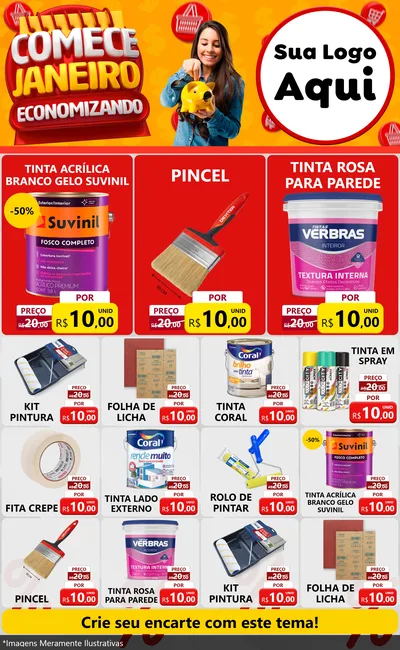 Modelo de Encarte para Encarte Grande com o tema Comece Janeiro Economizando para Tintas e Ferramentas