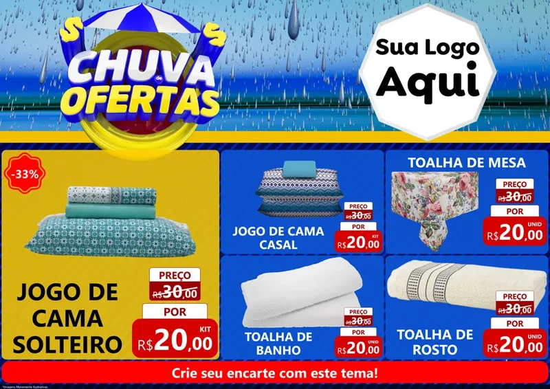 Modelo de Encarte para Encarte A4 Horizontal com o tema Chuva de Ofertas para Cama, Mesa e Banho