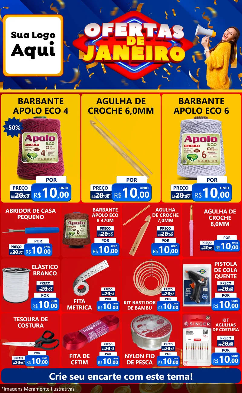 Modelo de Encarte para Encarte Grande com o tema Ofertas de Janeiro para Armarinho e Aviamentos