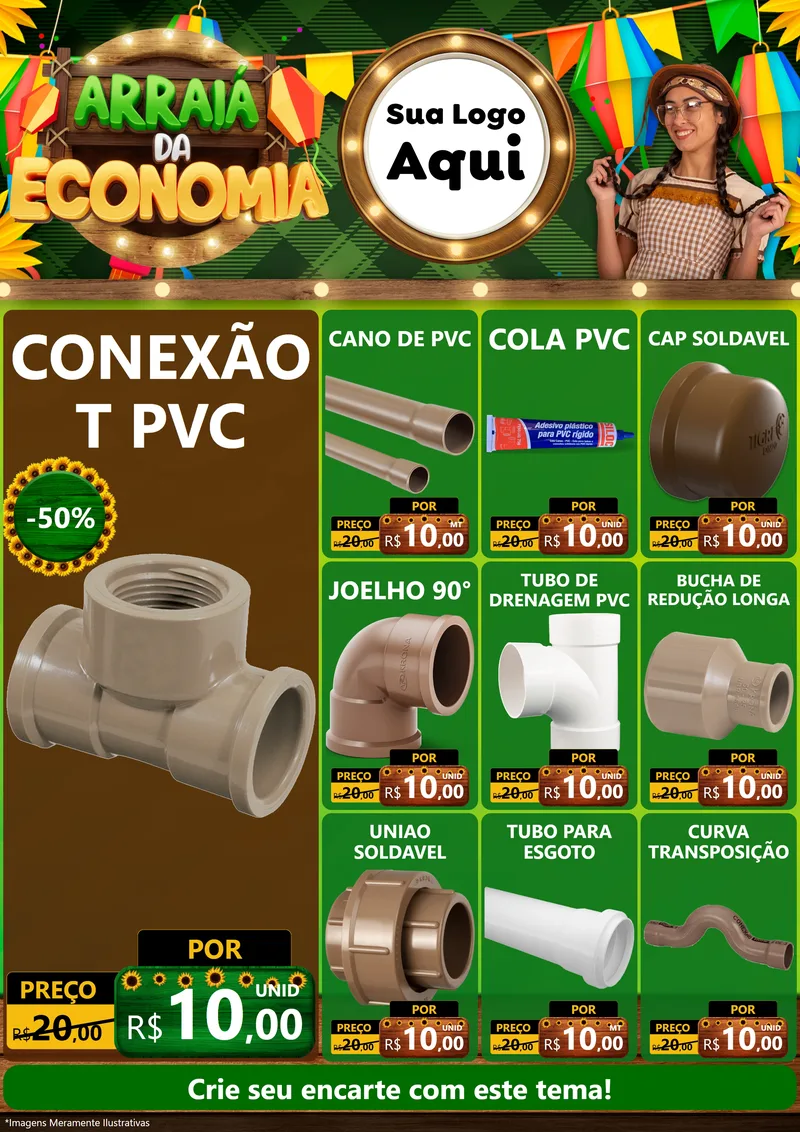 Modelo de Encarte para Encarte A4 Vertical com o tema Arraiá de Economia para Tubos e conexões