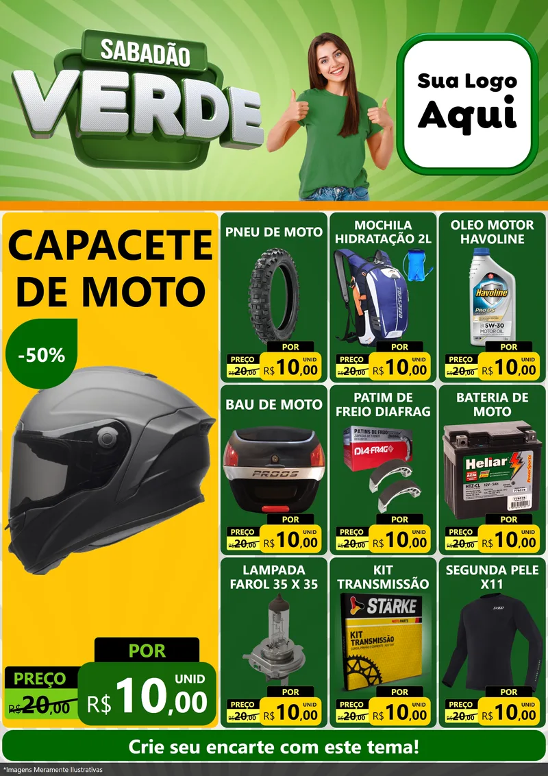Modelo de Encarte para Encarte A4 Vertical com o tema Sabadão Verde para Moto peças