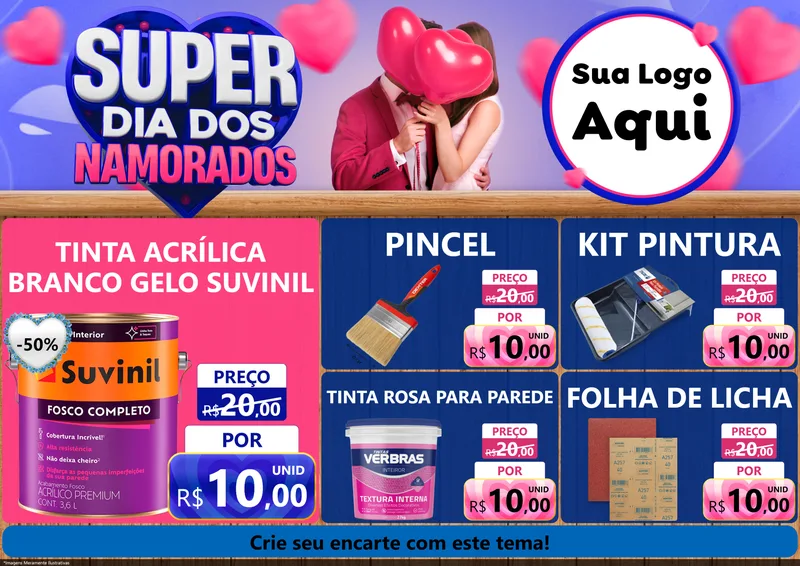 Modelo de Encarte para Encarte A4 Horizontal com o tema Super Dia dos Namorados para Tintas e Ferramentas