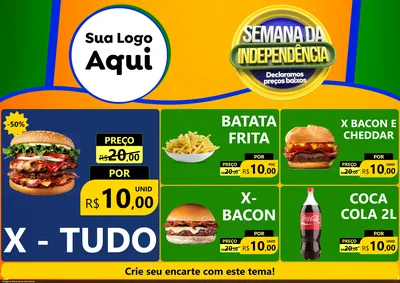 Modelo de Encarte para Encarte A4 Horizontal com o tema Semana da Independência Declaramos Preços Baixos para Hamburgueria