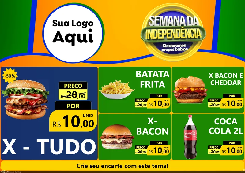 Modelo de Encarte para Encarte A4 Horizontal com o tema Semana da Independência Declaramos Preços Baixos para Hamburgueria