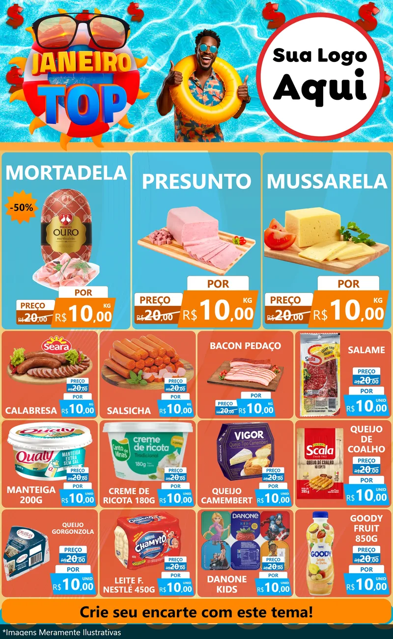 Modelo de Encarte para Encarte Grande com o tema Janeiro Top para Frios e Laticínios
