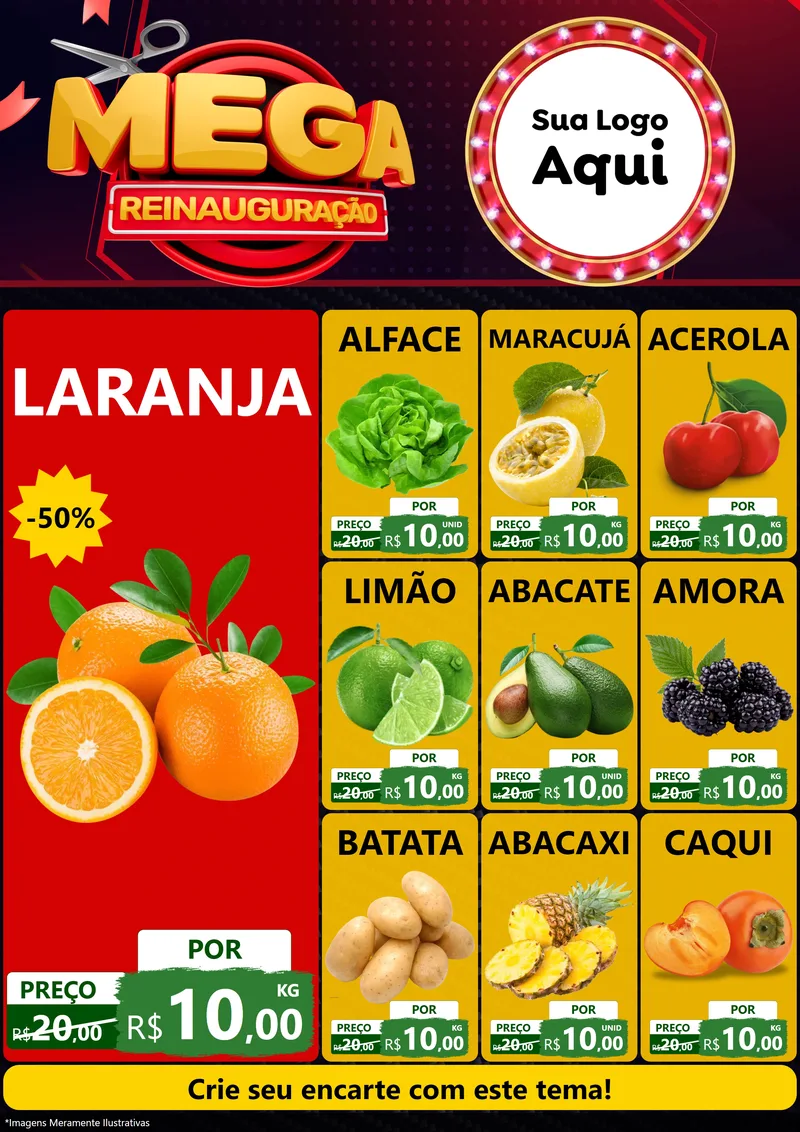 Modelo de Encarte para Encarte A4 Vertical com o tema Mega Reinauguração para Hortifrúti
