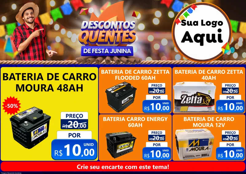 Modelo de Encarte para Encarte A4 Horizontal com o tema Descontos Quentes de Festa Junina para Baterias Elétricas