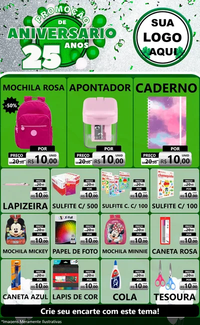 Modelo de Encarte para Encarte Grande com o tema Promoção de Aniversário - 25 Anos para Papelaria