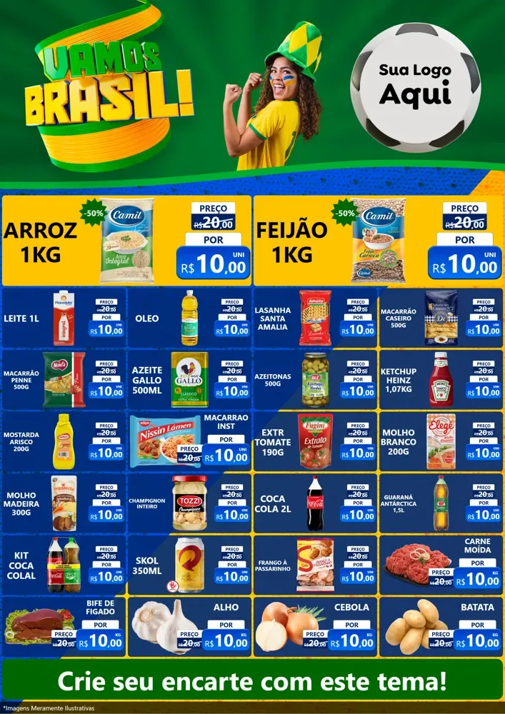 Modelo de Encarte para Encarte A4 Vertical com o tema Vamos Brasil - Copa para Supermercado