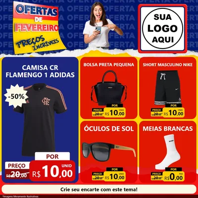 Modelo de Rede Social para Feed Facebook com o tema Ofertas de Fevereiro - Preços Incríveis para Roupas e acessórios