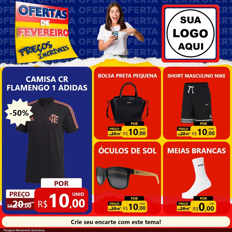 Modelo de Rede Social para Feed Facebook com o tema Ofertas de Fevereiro - Preços Incríveis para Roupas e acessórios