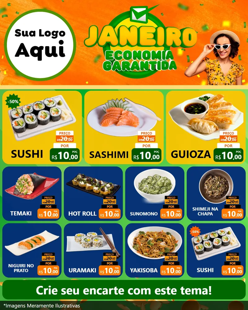 Modelo de Rede Social para Feed Instagram com o tema Janeiro - Economia Garantida para Comida japonesa