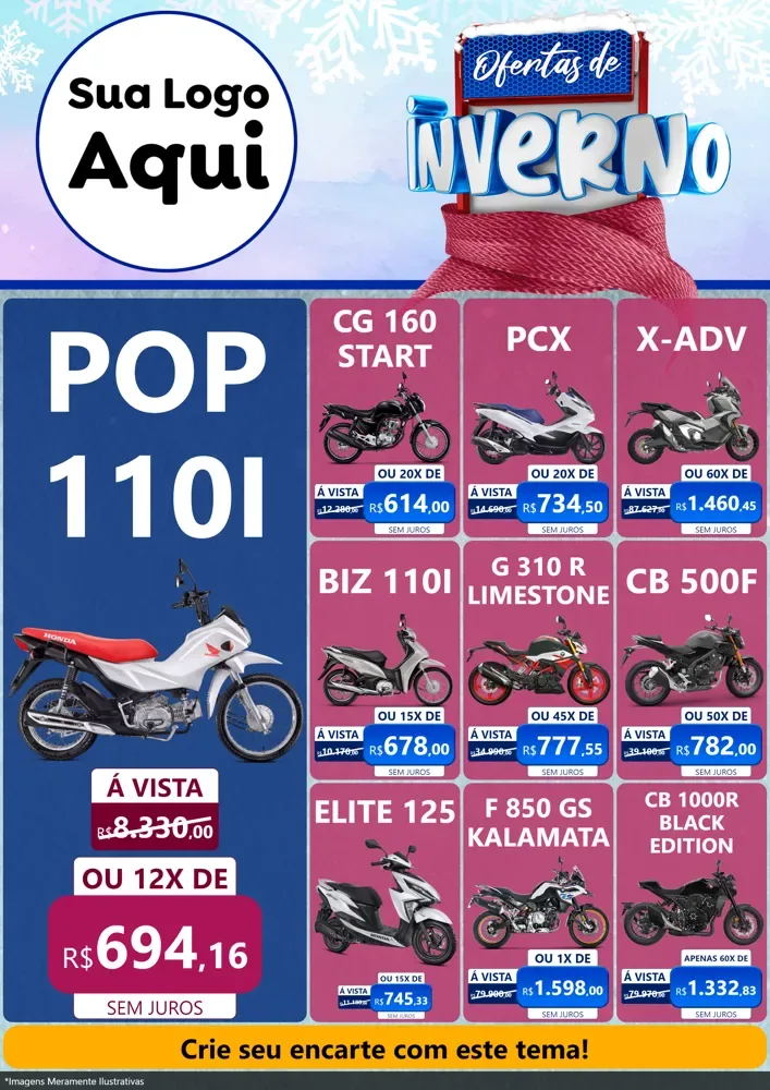 Modelo de Encarte para Encarte A4 Vertical com o tema Ofertas de Inverno para Concessionaria de Motos