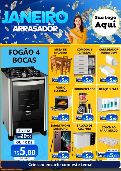 Modelo de Encarte para Encarte A4 Vertical com o tema Janeiro Arrasador para Móveis e Eletro