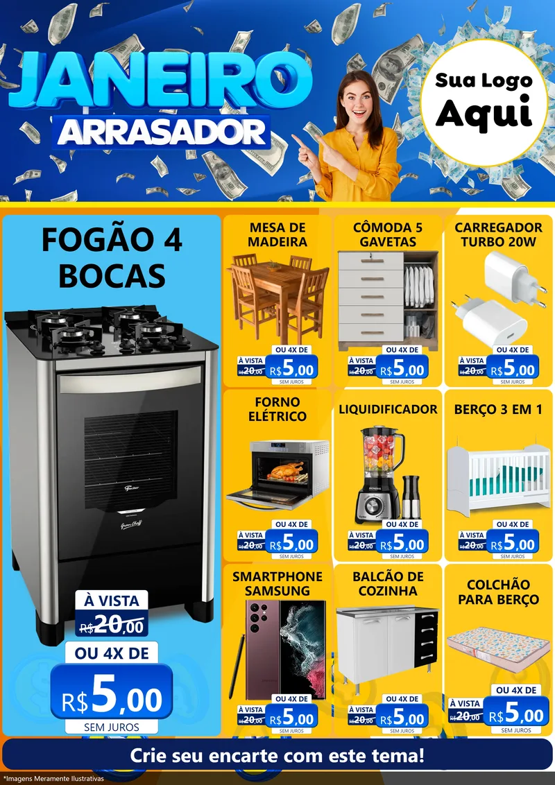 Modelo de Encarte para Encarte A4 Vertical com o tema Janeiro Arrasador para Móveis e Eletro