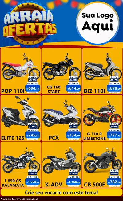 Modelo de Encarte para Encarte Grande com o tema Arraiá de Ofertas - Junina para Concessionaria de Motos
